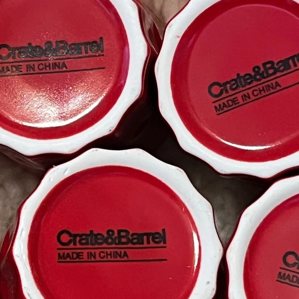 Crate&Barrel Red and White Ceramic Sorbet Set (8) Pieces Including Spoons & Cups